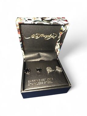 Ed Hardy Men's Black and Silver Stud Earring Set